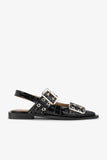 Ganni Black Croco Patent Feminine Buckle Ballerinas