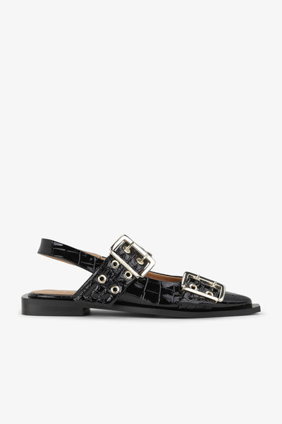 Ganni Black Croco Patent Feminine Buckle Ballerinas