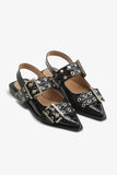 Ganni Black Croco Patent Feminine Buckle Ballerinas